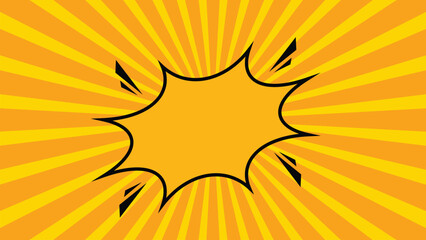 Comic pop art explosion background with yellow sunburst rays retro style boom speech bubble template design