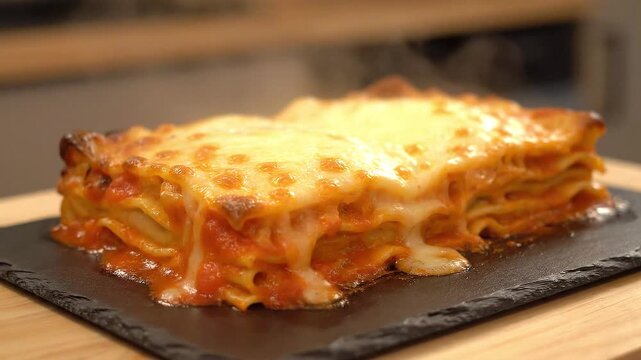 A rectangular serving of cheesy lasagna on a dark slatelike plate
