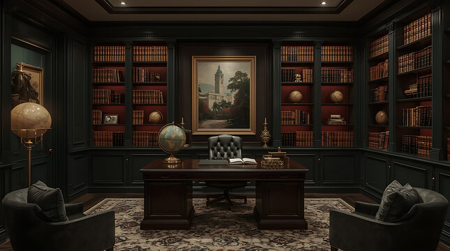 Luxurious, classic library office creates an atmosphere of knowledge and success with rich wood, leather, and timeless decor for inspired thinking.