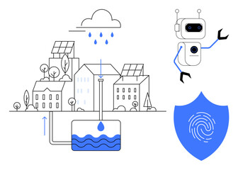 Smart city scenario with rainwater harvesting system, solar panels, AI robot, and fingerprint shield. Ideal for technology, sustainability, AI, security, innovation environment smart systems