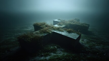 Forgotten cross structure, deep mysterious foggy environment
