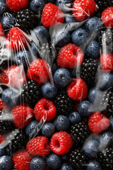 Fresh Mixed Berries Blueberry Raspberry and Blackberry Close Up in Transparent Packaging