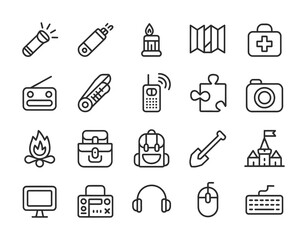 Outdoor Exploration & Survival Line Icons - Flashlight, Map, Camera, Backpack, Puzzle, Campfire, Shovel, Castle for Camping, Hiking, Travel & Emergency Kits

