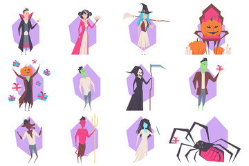 Vibrant collection of Halloween-themed characters including vampire, witch, ghost, and pumpkin. Perfect for festive decorations or themed events