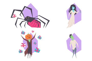 Bright and colorful Halloween set with spooky characters like spider, ghostly figure, pumpkin figure, and zombie with festive gifts in background. Perfect for holiday themes