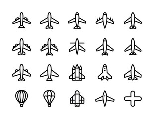 Airplane & Flight Line Icons - Passenger Jet, Cargo Plane, Helicopter, Hot Air Balloon, Space Shuttle, Airport Terminal for Travel Apps, Airlines & Logistics UI


