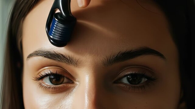 Woman uses derma roller for skincare treatment close-up, beauty procedure