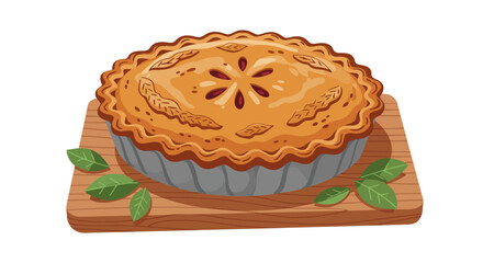 A baked fruit pie sits on a wooden cutting board garnished with green leaves