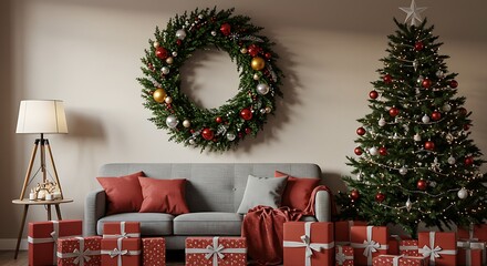 Festive interior scene featuring christmas wreath tree gifts and decorations