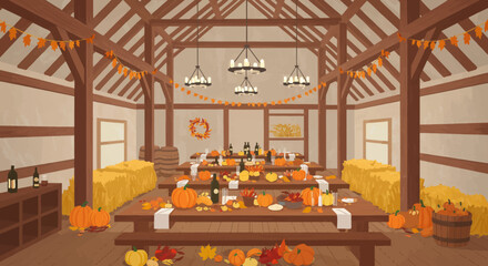 A barns Thanksgiving table pumpkins fall leaves  chandeliers on long tables