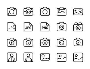 Photo & Image File Type Line Icons - Camera, JPG, PNG, GIF, RAW, Portrait, Landscape, Flash for Photography, Web Design, Social Media & App UI

