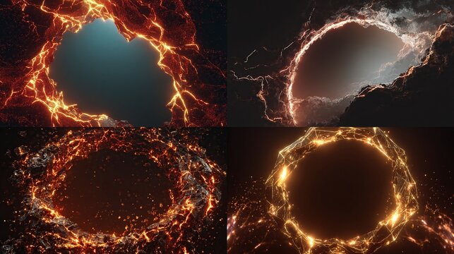 Four circular abstract portals fiery lava crack, lightning storm, water vortex, and golden tech.