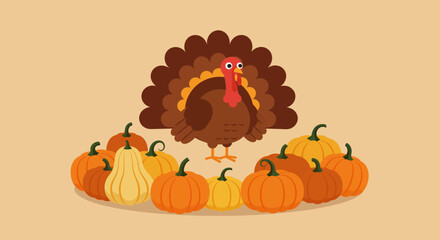 A cartoon turkey stands amidst pumpkins on a tan background