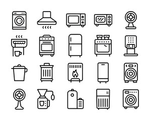 Home Appliances Line Icons - Washing Machine, Refrigerator, Microwave, Oven, Fan, Coffee Maker, Trash Can, Air Conditioner for Smart Home & Interior Design

