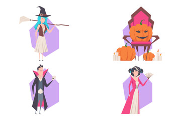 Colorful Halloween set with various characters including witch, vampire, and ghostly figure, surrounded by pumpkins and candles, perfect for festive decoration or projects