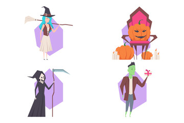 Creative Halloween set with witch, grim reaper, monster, and jack-o-lantern chair. Each character adding fun and festive touch to the Halloween theme, perfect for decorations