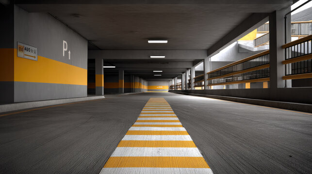 Underground parking lot with yellow and white lines, concrete floor, modern structure, empty, bright lighting, urban environment