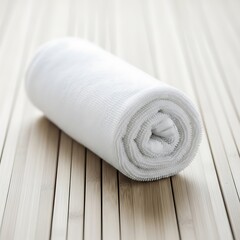 A rolled white towel resting on a textured light wooden surface in soft lighting