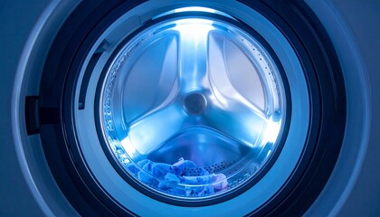 Close-up view of a washing machine tumbling and spinning clothes inside, illuminated by bright LED lights, showing dynamic motion and modern appliance details in a cinematic style