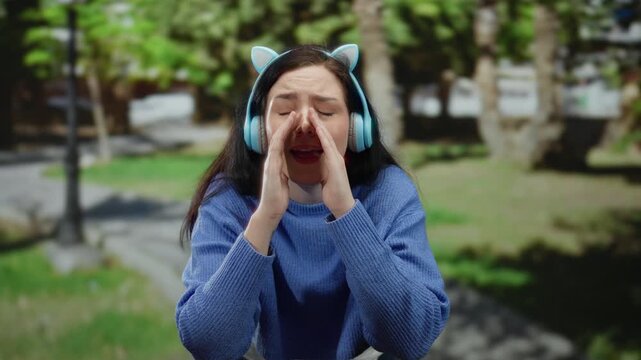 Woman wearing headphones and gesturing emphatically in a green park setting, conveying an emotional expression outdoors.
