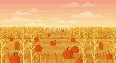 A pumpkin patch features pumpkins corn stalks and hay bales under a cloudy sunset © G Factory