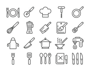 Kitchenware & Culinary Equipment Line Icons — Knife, Blender, Whisk, Pot, Apron, Spatula, Fork, Spoon for Recipe Apps, Restaurants, Food Blogs & Meal Prep

