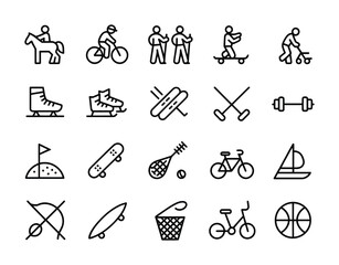 Sports & Active Lifestyle Line Icons - Bicycle, Skateboard, Golf, Basketball, Dumbbell, Ice Skates, Surfboard for Fitness Apps, Event Branding & Recreation UI

