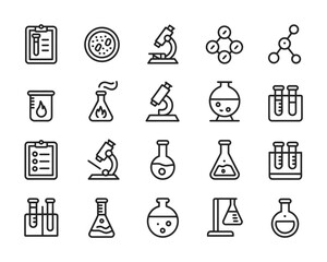 Chemistry Lab Equipment Line Icons - Beaker, Flask, Test Tubes, Microscope, Molecule, Bunsen Burner for Education, Research & Biotech Design

