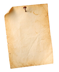 Vintage blank parchment paper with thumbtack for notes or invitations backdrop isolated on white