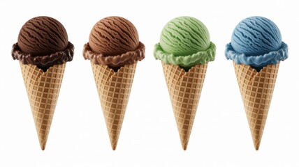 Four ice cream cones with different flavors in a row on a white background studio shot