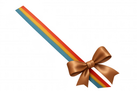 Colorful diagonal gift ribbon with golden bow on transparent background, celebrating special occasions