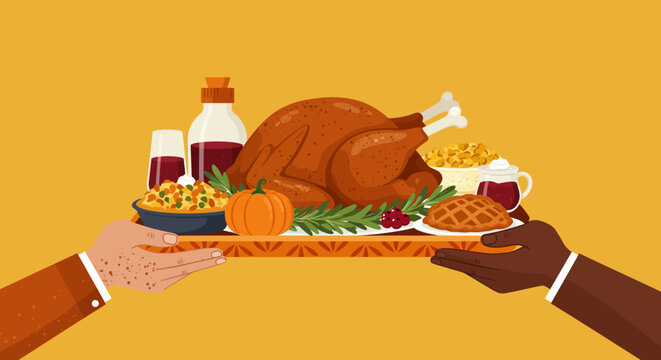 A Thanksgiving feast is held aloft on a tray supported by two hands of different skin tones