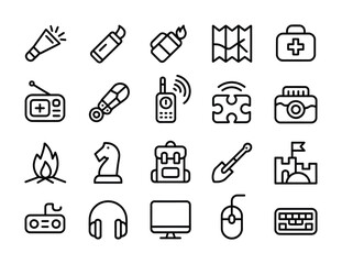 Adventure & Exploration Line Icons - Flashlight, Map, Camera, Backpack, Chess Piece, Headphones, Computer, Mouse for Gaming & Travel UI
