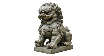 Detailed stone guardian lion statue isolated on white background