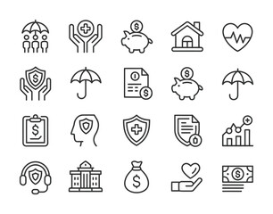 Insurance Icons - Health, Savings, Property, Security, Financial Protection Outline Set