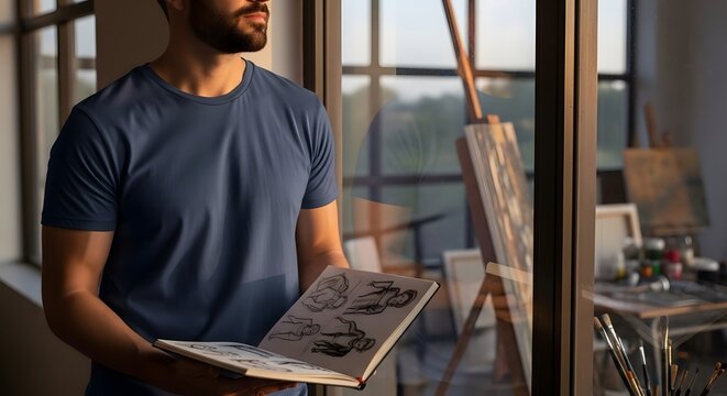 Contemplative artist in his creative workspace holding sketchbook and artwork - Powered by Adobe