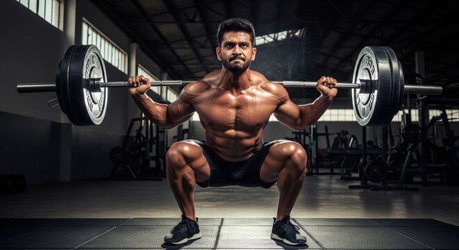 Focused Indian man performing heavy barbell squat in gym, showing power, strength, and determination in training.