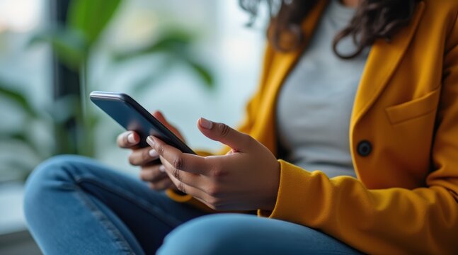 mental health diverse teams concept. Woman in yellow blazer using smartphone in a relaxed setting.