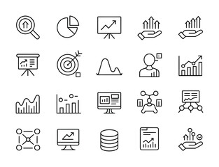 Business Analytics Icons – Charts, Growth, Presentation, Data Report Outline Set