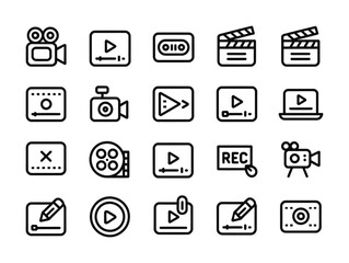 Video and Multimedia Icons – Camera, Clapperboard, Film Reel, Recording Outline Set