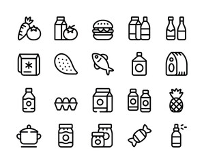 Food and Drink Icons – Grocery, Beverages, Snacks, Fruits, Cooking Outline Set
