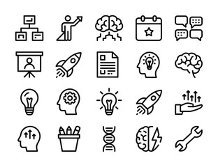Startup and Business Icons – Growth, Innovation, Rocket, Teamwork Outline Set
