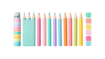 Pastel colored pencils in a mint-colored container and a small palette of coordinating colors