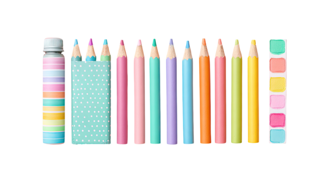 Pastel colored pencils in a mint-colored container and a small palette of coordinating colors