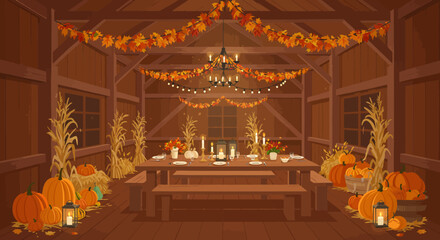 Autumnal scene table set inside a barn decorated with pumpkins candles and foliage