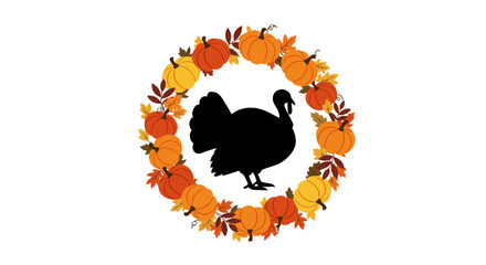 Black silhouette of a turkey encircled by a wreath of pumpkins and fall leaves