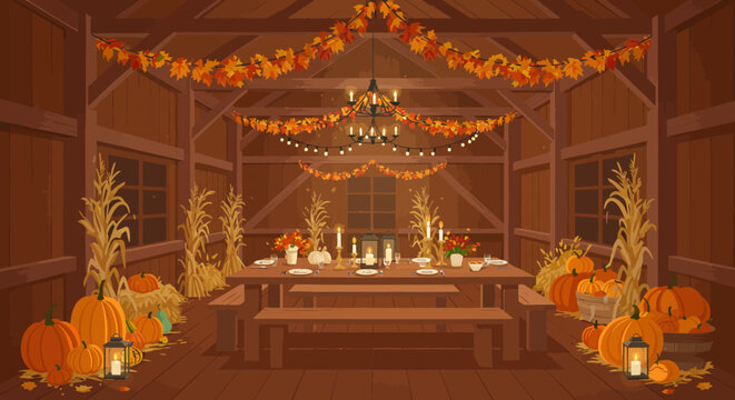 Autumnal scene table set inside a barn decorated with pumpkins candles and foliage