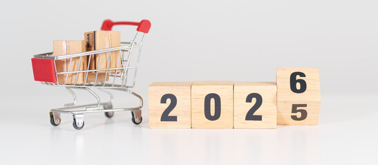 Happy New Year 2026 with shopping cart. online shopping, Marketplace platform website, technology, ecommerce, shipping delivery, logistics and online payment