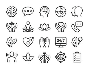 Mental Health Icons – Wellness, Meditation, Therapy, Mind Care Outline Set