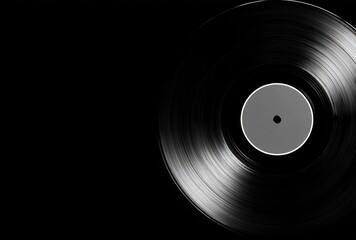 A close-up shot of a vinyl record with a blank label, showcasing grooves and a dark , perfect for music.